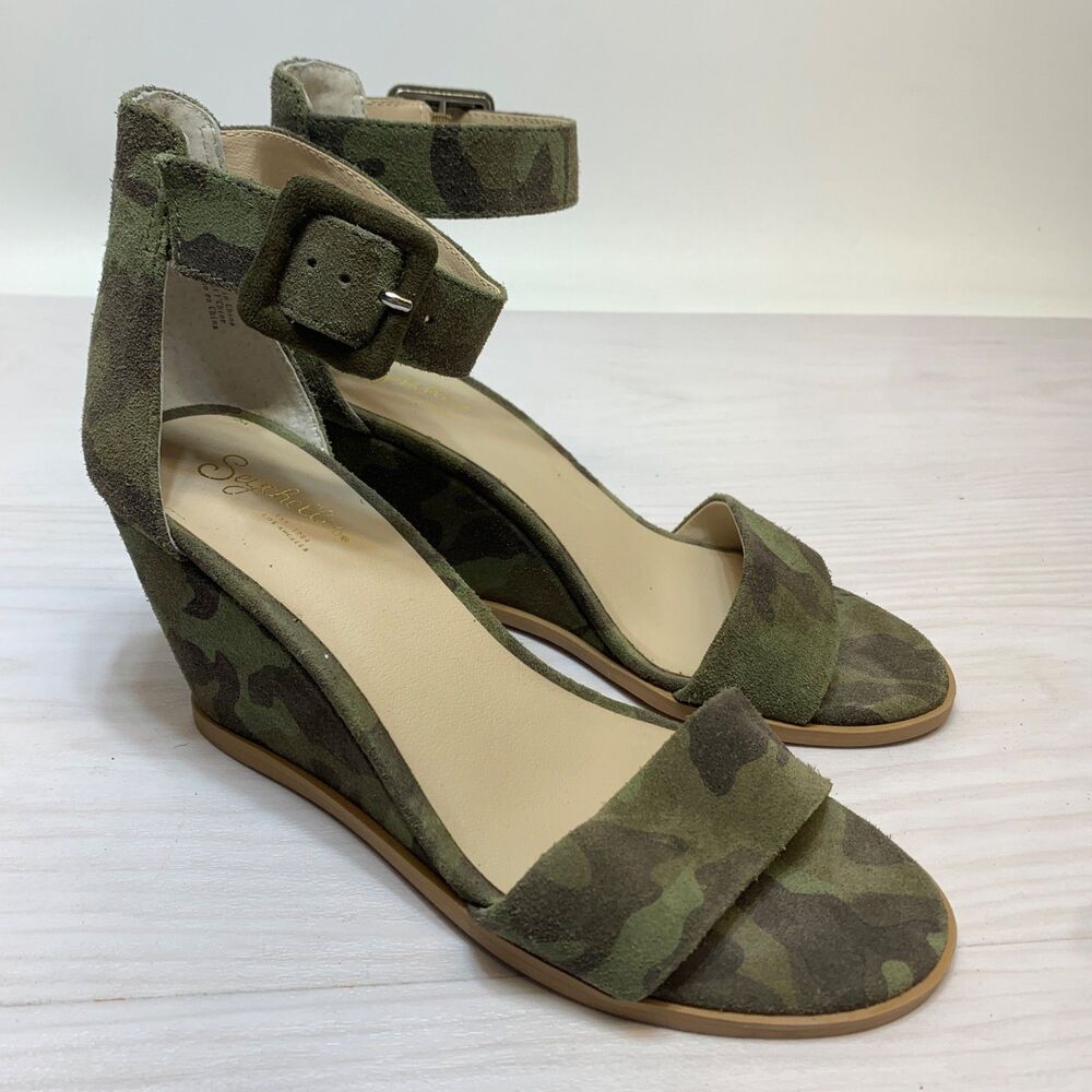 Seychelles Cloud Nine Camo Wedge‎ Heels Sandals Leather Womens 7.5 Green